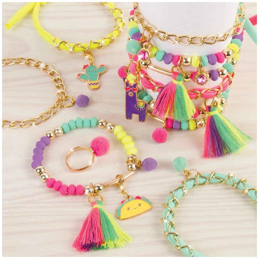Neo-Brite Chains and Charms arts and crafts set featuring five colorful bracelets, tassels, and beads in vibrant hues.
