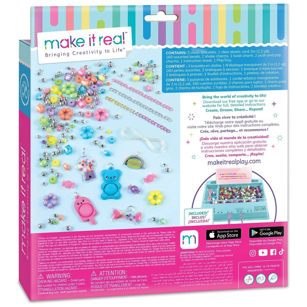 MAKE IT REAL Pop Shake Twist Bracelet Set in glossy pink packaging with colorful text, showcasing beads, chains, and charms.