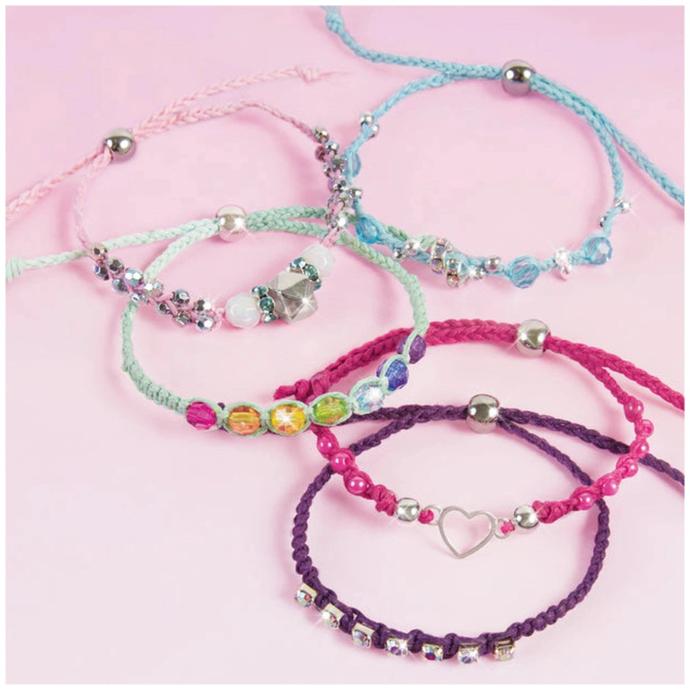 Rainbow Bling Bracelets featuring shiny metallic beads in pink, blue, green, and yellow on twisted cord with clasp fasteners.