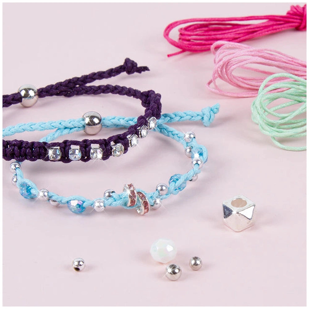 Rainbow Bling Bracelets in purple, blue, and pink with shiny metal clasps and various colorful beads, displayed front view.