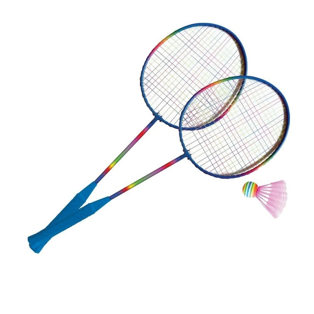 are two Mandelli badminton rackets featuring colorful gradient handles, blue frames, and white strings.