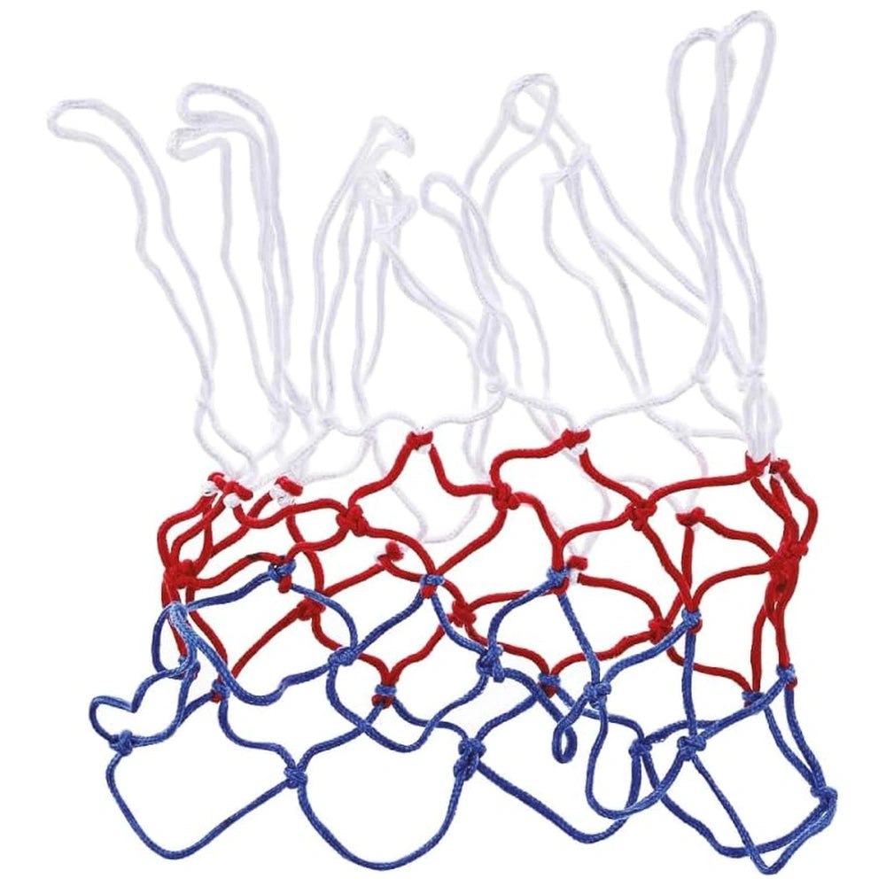 Mandelli basketball hoop net made of thin, flexible red and white fabric with interconnected loops and strands.