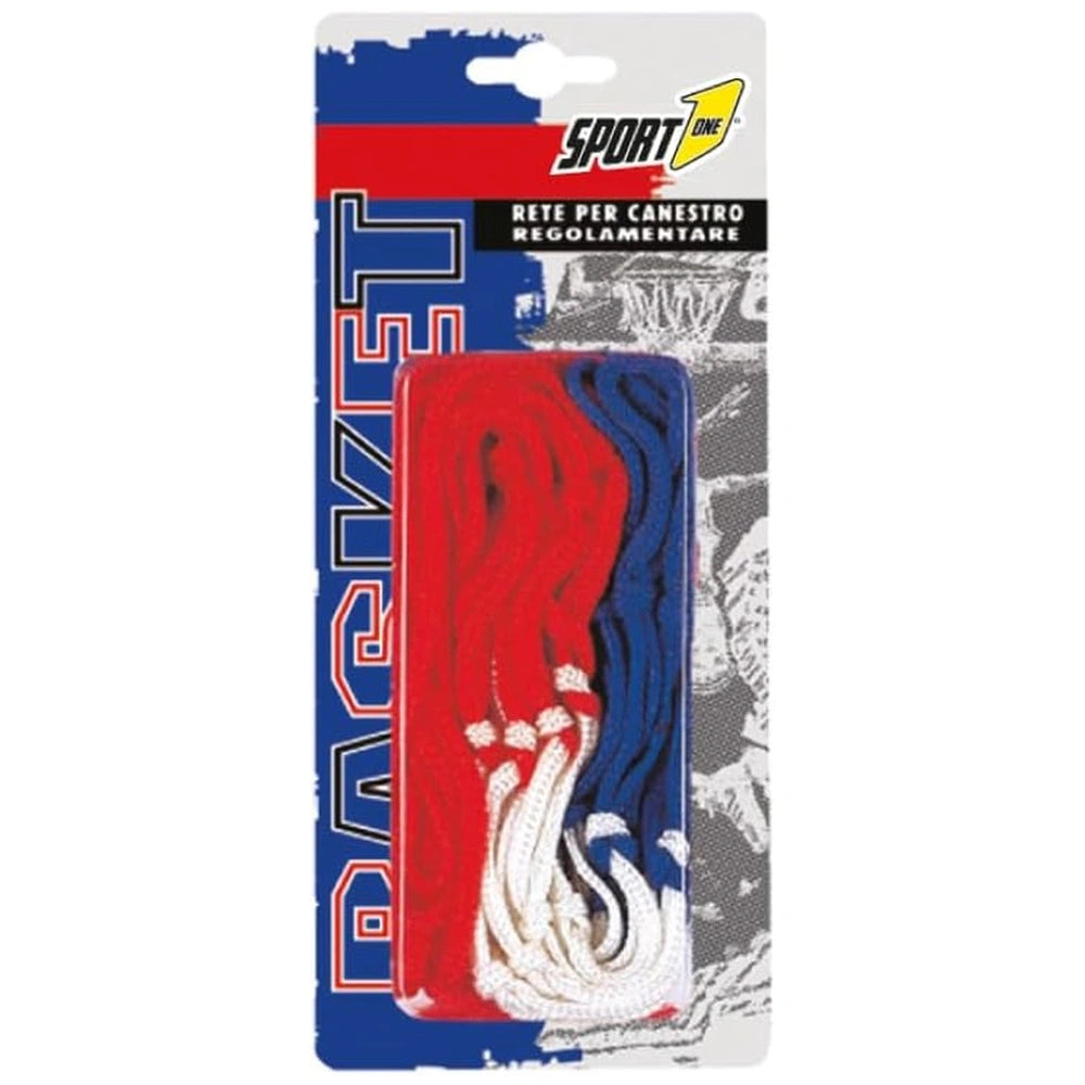 Mandelli basketball hoop net packaging features blue cardboard with red and white accents, showcasing a stylized net graphic 