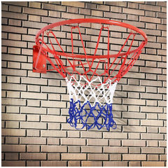 Mandelli basketball hoop features a red metal backboard with a white net and blue strings, set against a brick wall.