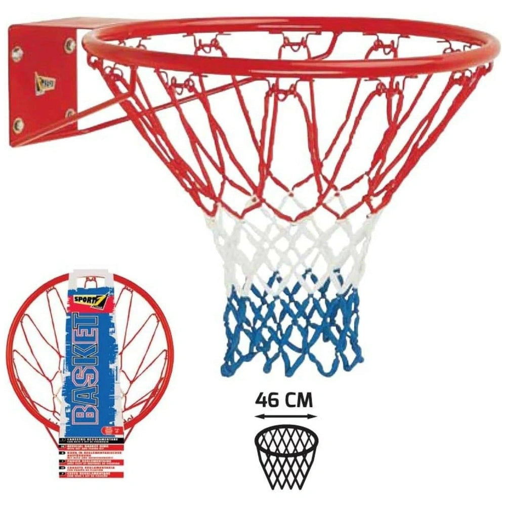 Mandelli basketball hoop features a red metal hoop, white plastic netting, and a sturdy blue and white plastic stand.