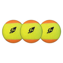 Mandelli beach tennis ball pack of three bright yellow balls with black "S1" text, made of textured synthetic material.