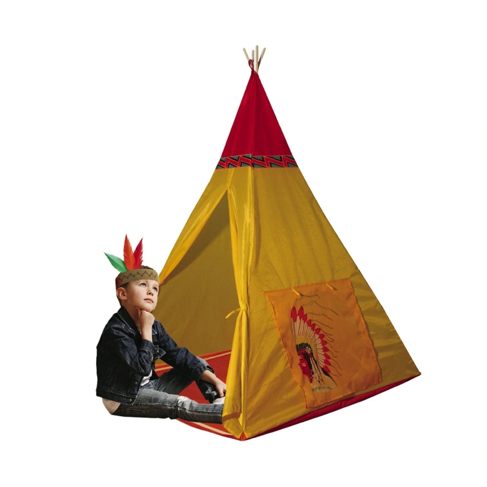 Mandelli Indian Tent outdoor play equipment features a child in a feathered headdress sitting on a red blanket beside the col