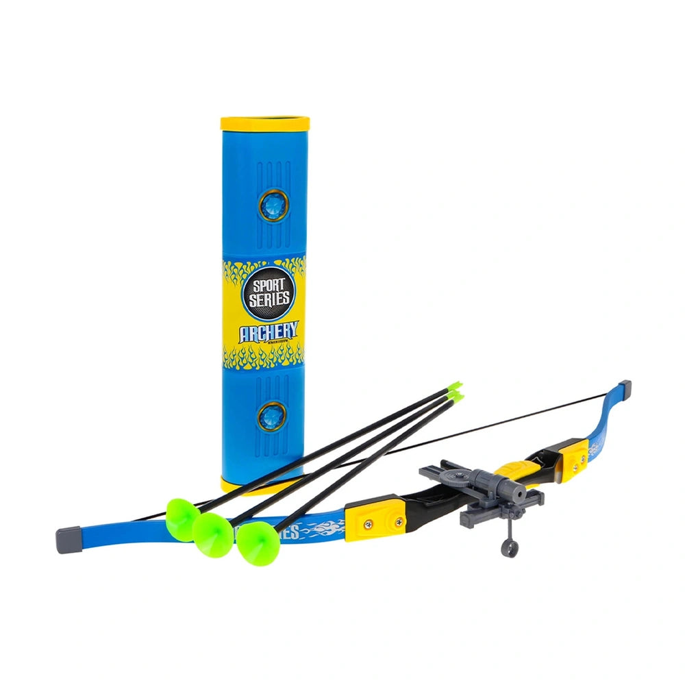 Mandelli Junior Bow Set features a blue and yellow plastic bow and arrow with green tips, labeled "SPORT SERIES" and "ARCHERY
