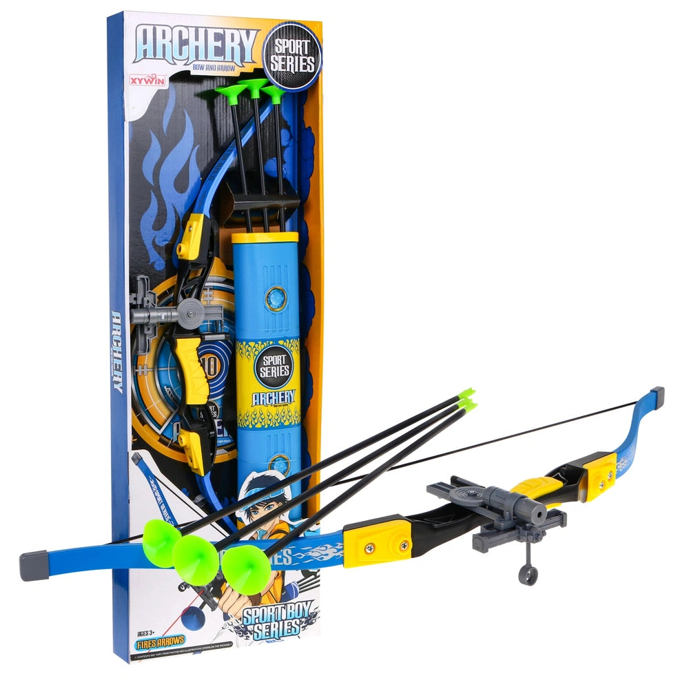Mandelli Junior Bow Set in blue and yellow packaging features a glossy box, archery bow, crossbow, and colorful arrow tips.