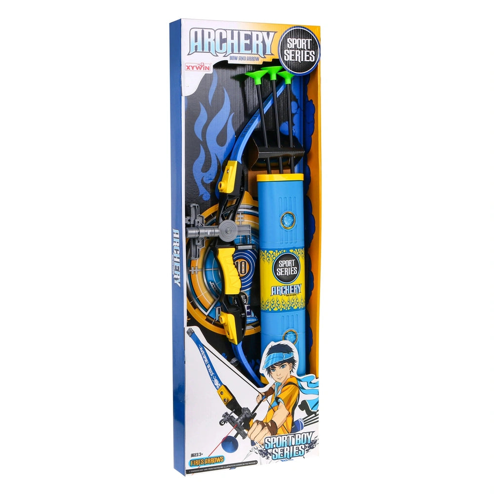 Mandelli Junior Bow Set features a yellow and black bow and arrow in blue packaging with a black flame design.