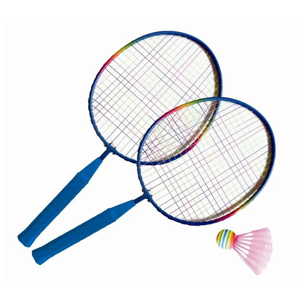 Mini Rainbow Badminton Set featuring two rackets with blue handles, white strings, and a pink fringe on one racket against a 
