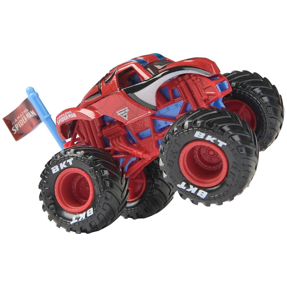 Red Marvel Monster Jam truck with black tires, featuring a blue pole and a flag that reads "AMAZING SPIDERMAN."