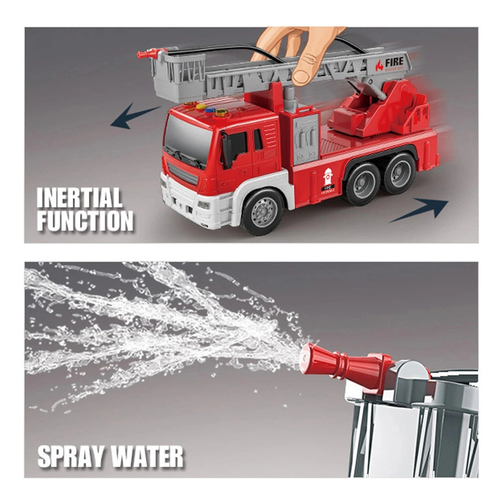 Red toy fire truck with a water cannon, shown stationary and in motion spraying water, featuring red and white components.