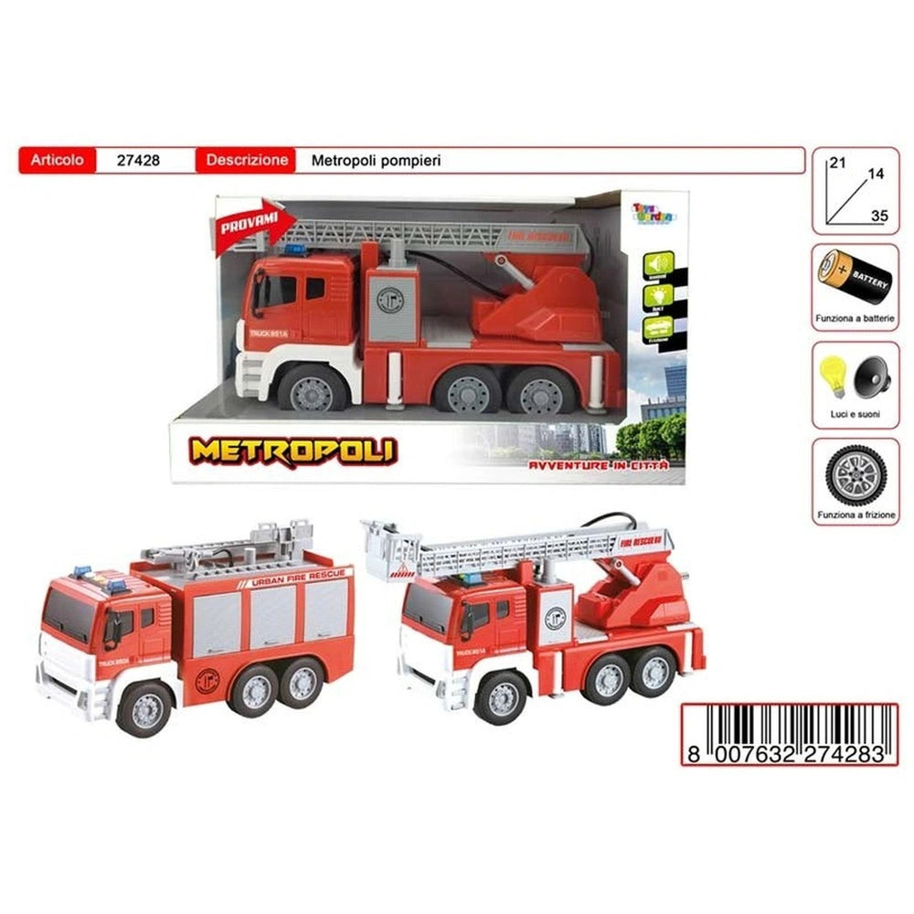 Metropoli fire engine and crane toy set in vibrant red and white, showcasing detailed components against a white background.