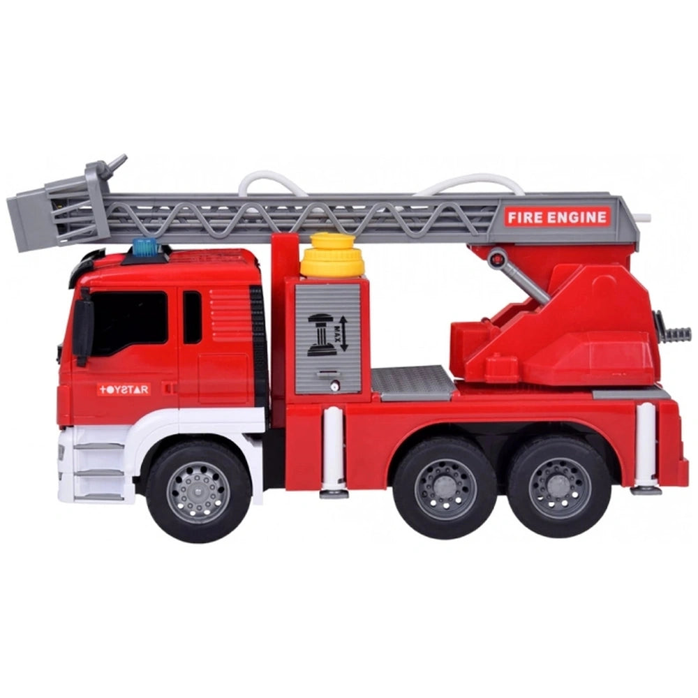 Red toy fire engine with white and black accents, featuring a ladder, black wheels, and "FIRE ENGINE" text on the side.