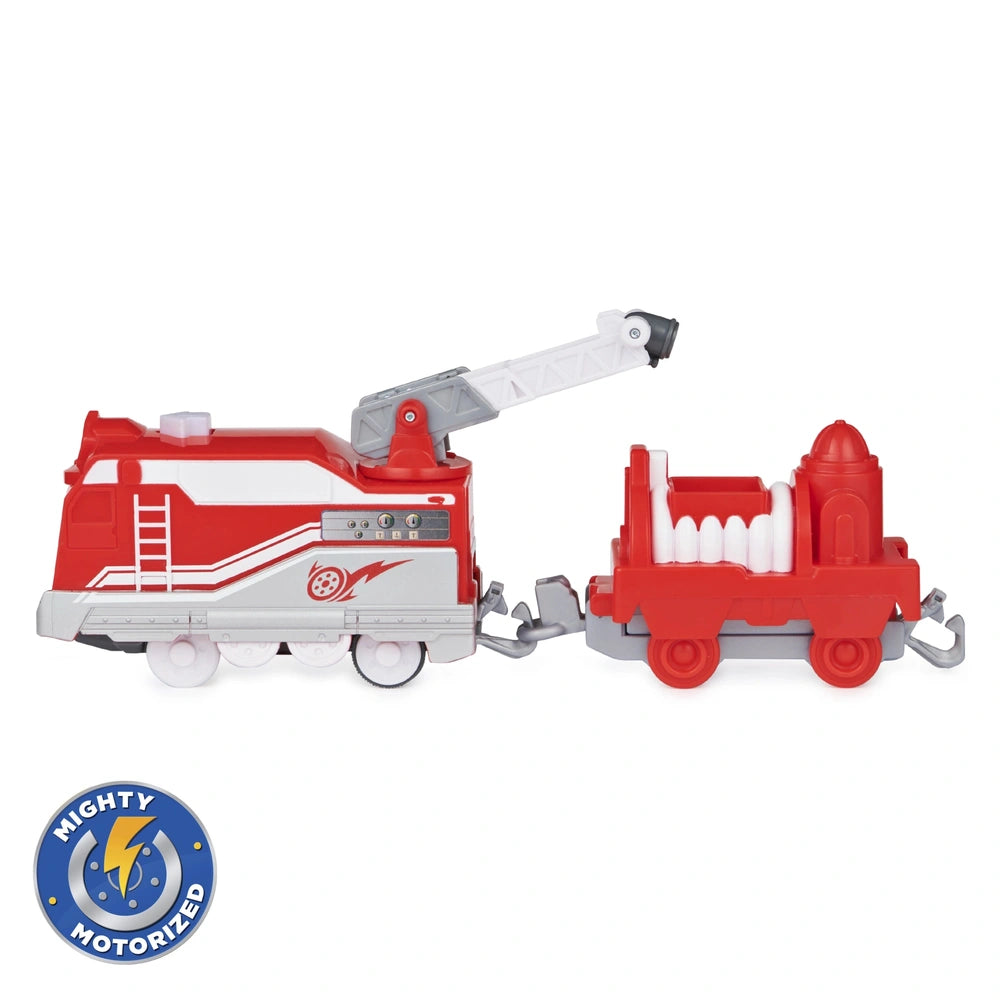 Mighty Express Motorized Train features two toy vehicles, a fire truck and a tow truck, in glossy red plastic with white acce