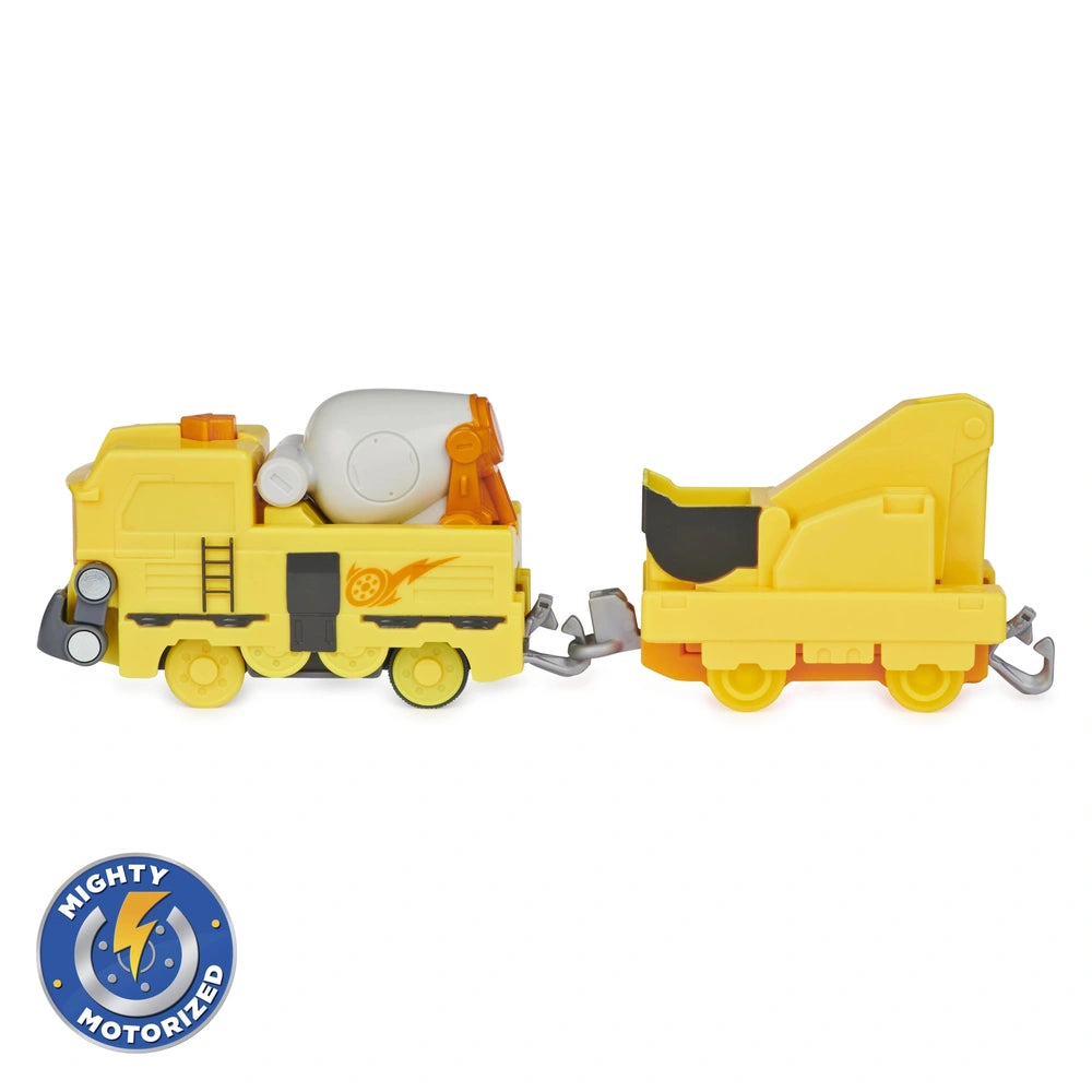 Mighty Express Motorized Train in yellow with black and orange details alongside a matching truck on a white background.