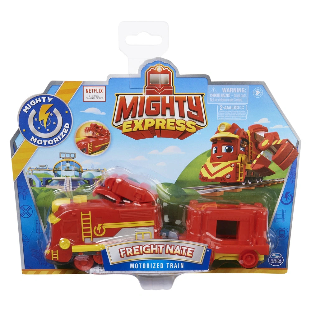 Mighty Express Motorized Train packaging features a red train with yellow and white accents, designed to attract children's a