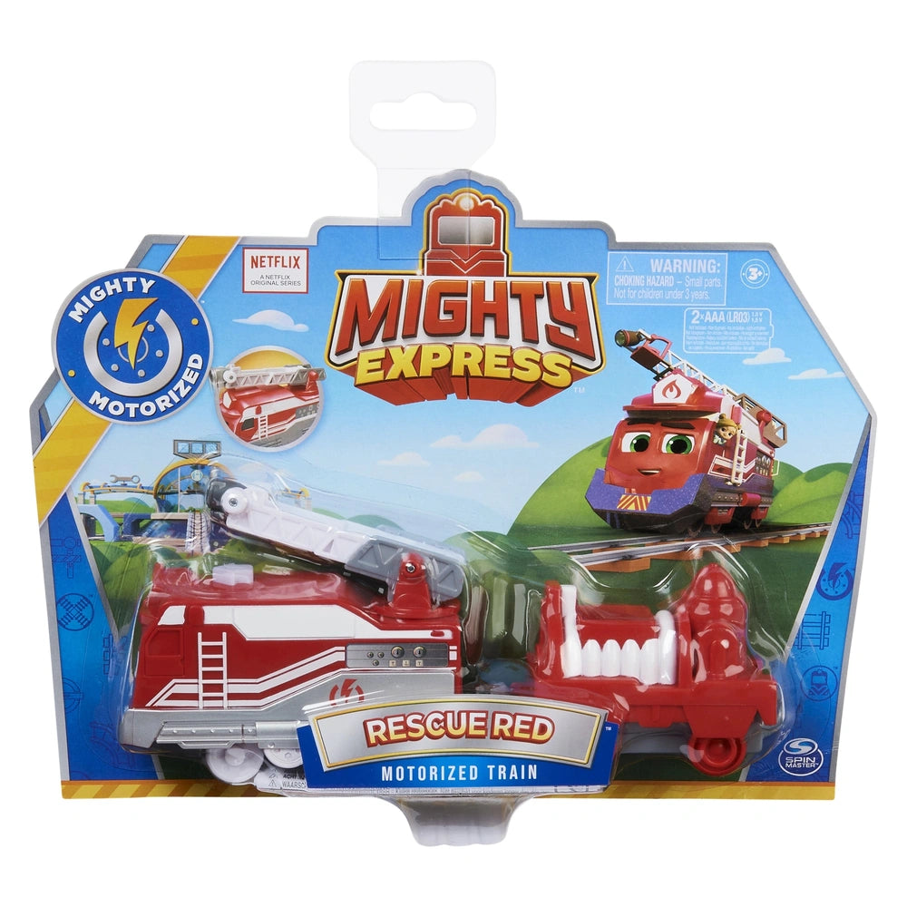 Mighty Express Motorized Train packaging features a colorful design with a red train engine and fire truck, appealing to chil