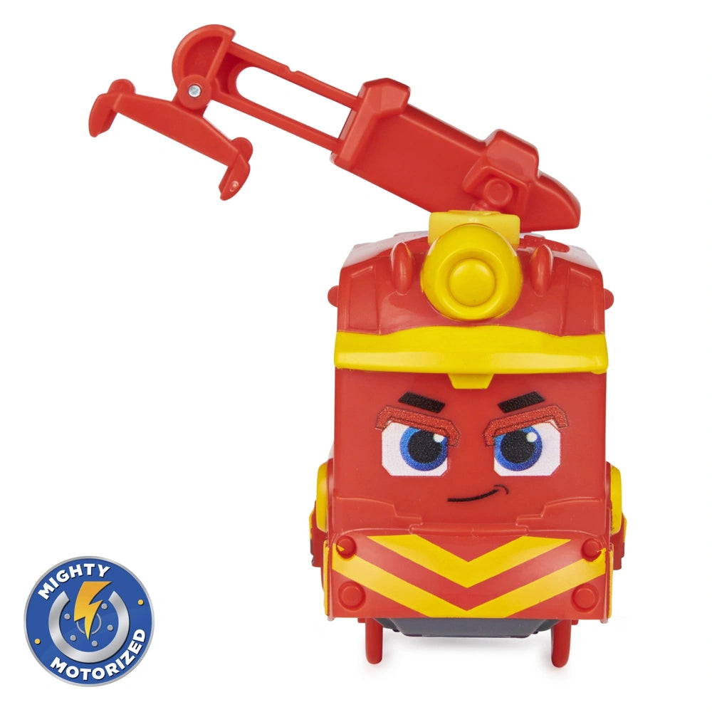 Mighty Express Motorized Train features a red body with yellow accents, a friendly face, and a shiny plastic surface.