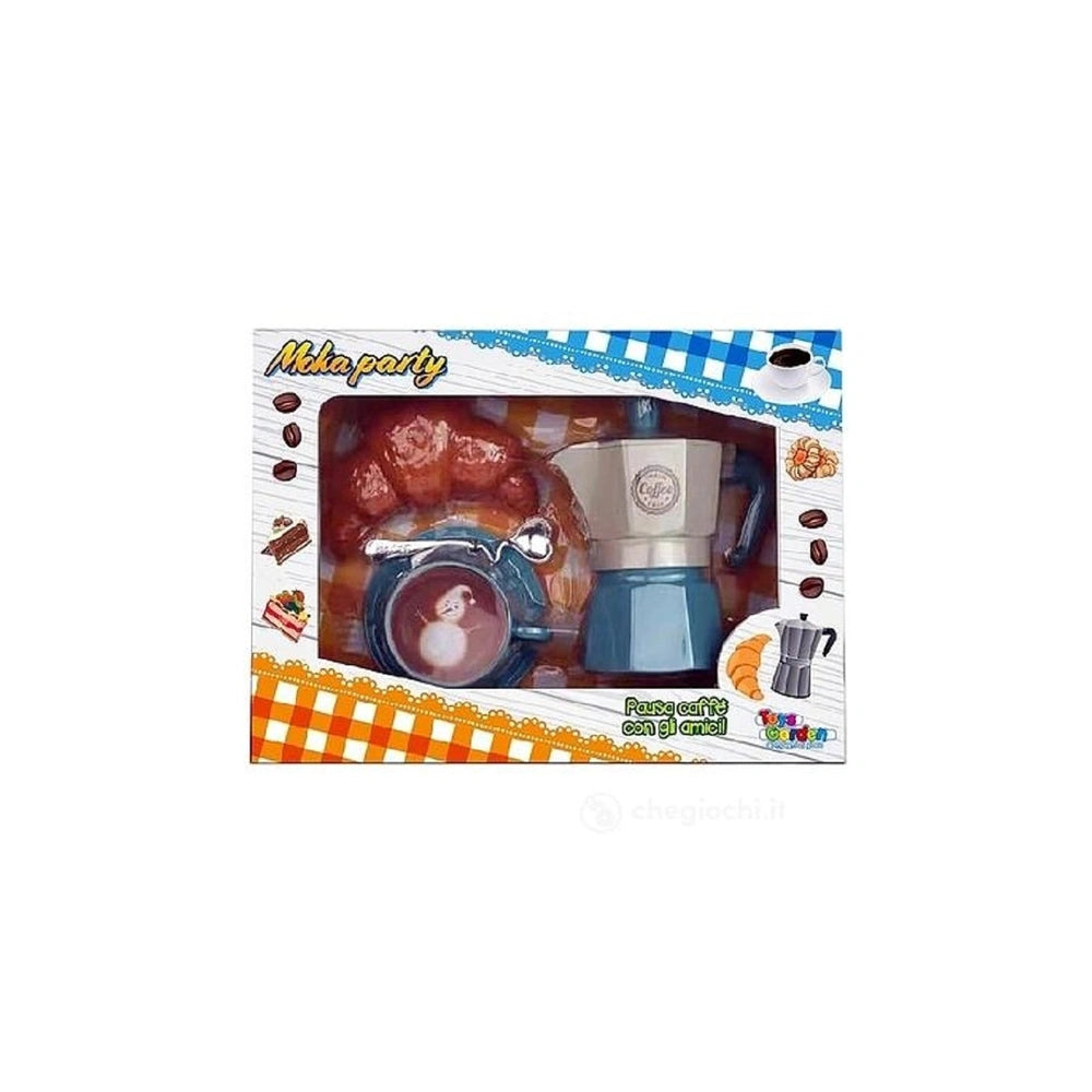 Moka Party coffee break play set packaging features colorful designs, a checkered pattern, and a visible food item inside.