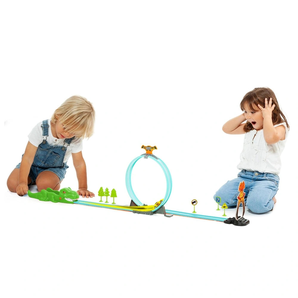 Molto Beast Wheels Dino toy race car set displayed on light flooring with two children in denim overalls engaging with it.