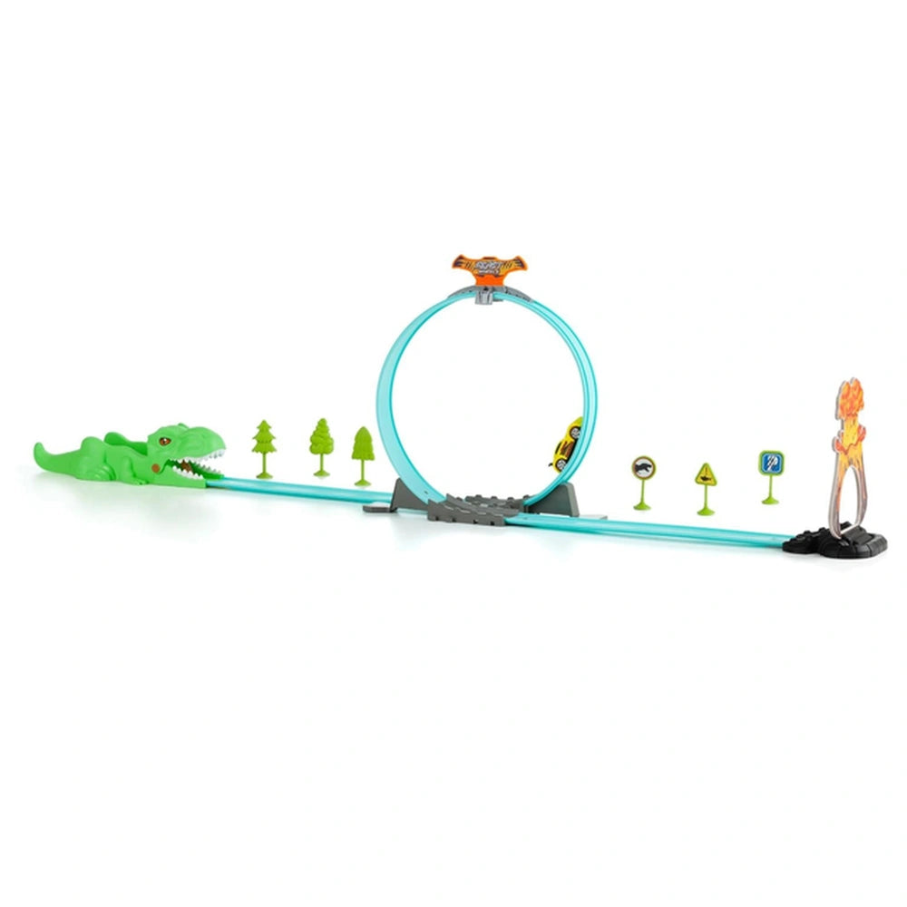 Molto Beast Wheels Dino toy race car set features a light blue track with green plastic trees and alligators interacting alon