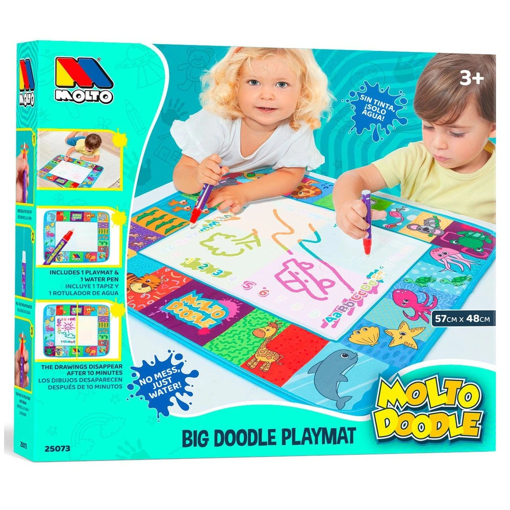 Molto Big Doodle Playmat packaging features children drawing on a glossy playmat with vibrant colors and clear plastic window