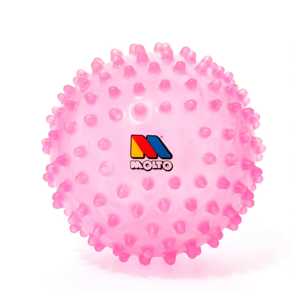 Molto pink sensory ball with spikes, featuring "MOLTO" logo, designed for baby activity and play.