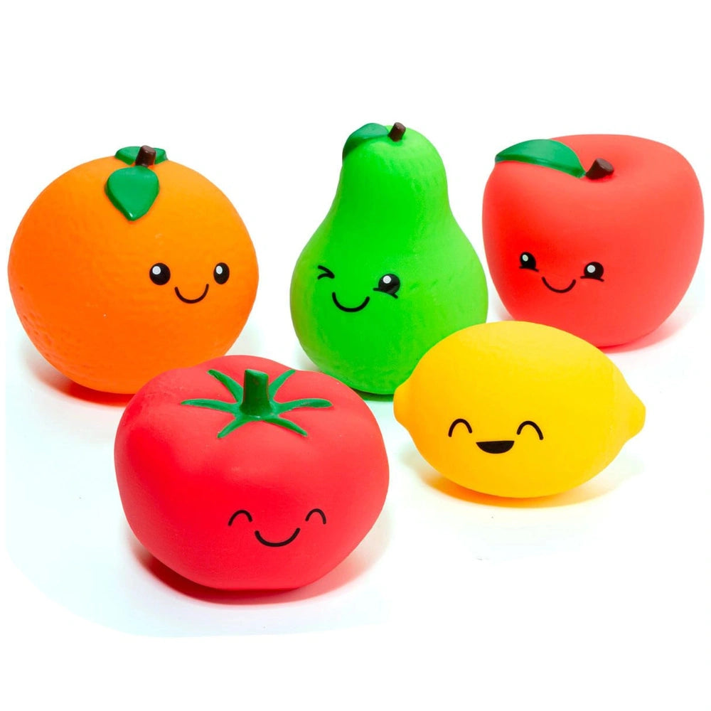 Molto Sensorial Fruits Set features five vibrant fruit-shaped baby activity toys made of smooth plastic with green leaves on 