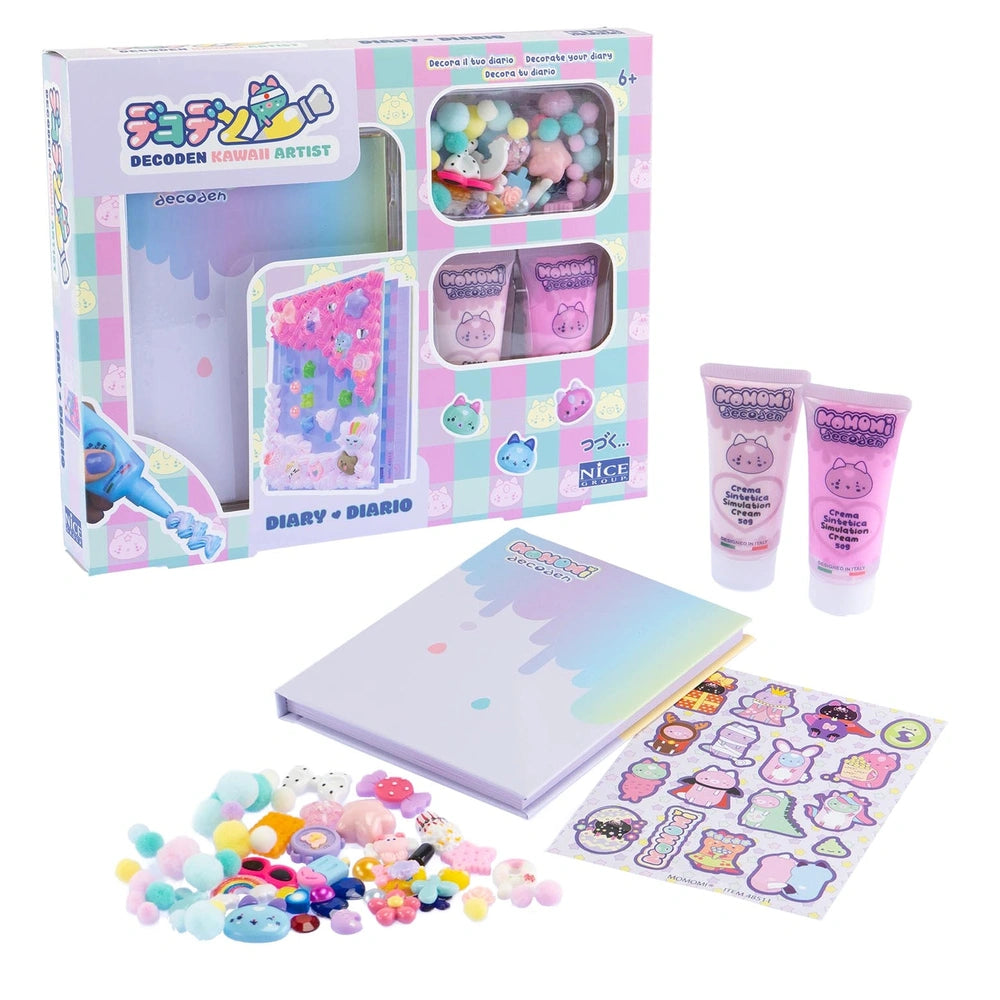 Momomi Decoden Kawaii Arts & Crafts Kit in a pink and blue matte cardboard box with a transparent window and assorted sticker