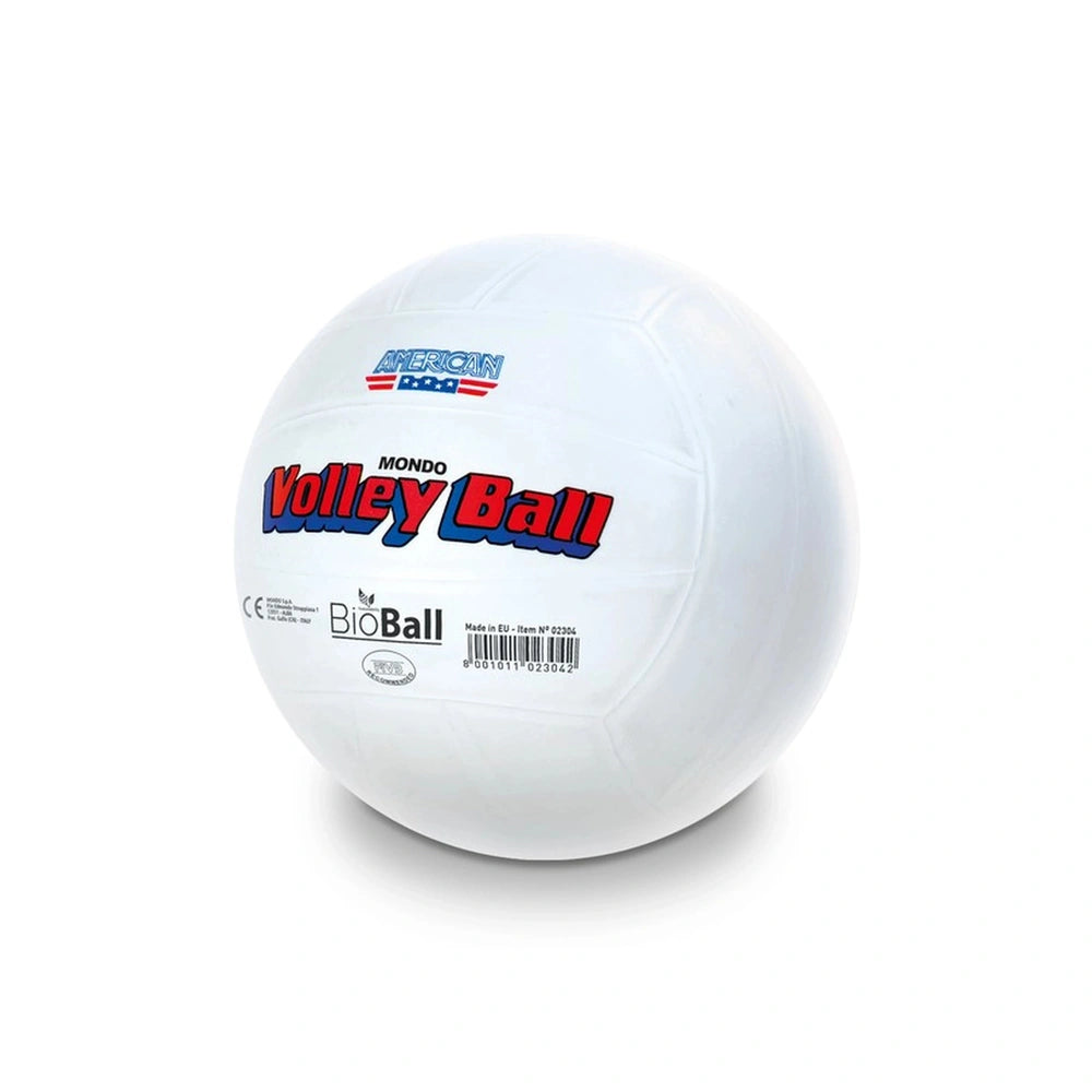 Mondo America Volley Ball 20 cm features a smooth white surface with centered red, blue, and black logos and text.