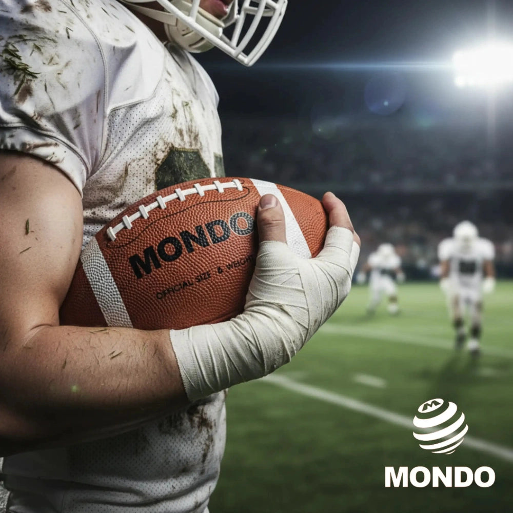 Mondo American Football Size 9 in brown leather held by a player in a white, green, and black uniform on a blurred field.