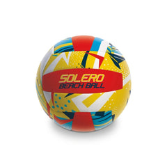 Mondo Solero beach volleyball features a matte finish, yellow background, red stripe, and colorful design with "SOLERO BEACH 