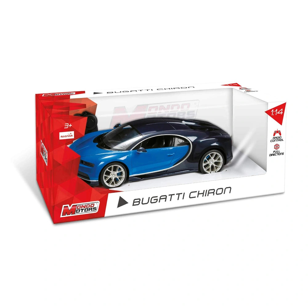 Mondo Bugatti Chiron radio-controlled car in red and white packaging with clear plastic window and glossy surface.