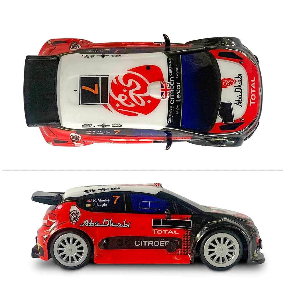 Mondo Citroen C3 WRC radio-controlled car with red and white Lexan body, black roof, and detailed black and white features.