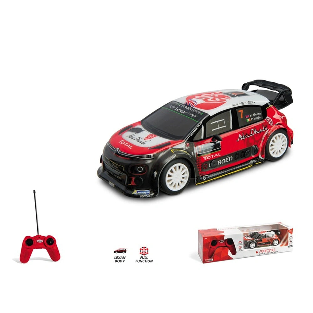 Mondo Citroen WRC radio-controlled toy car in red and black with Lexan body and steering wheel displayed in a matte cardboard
