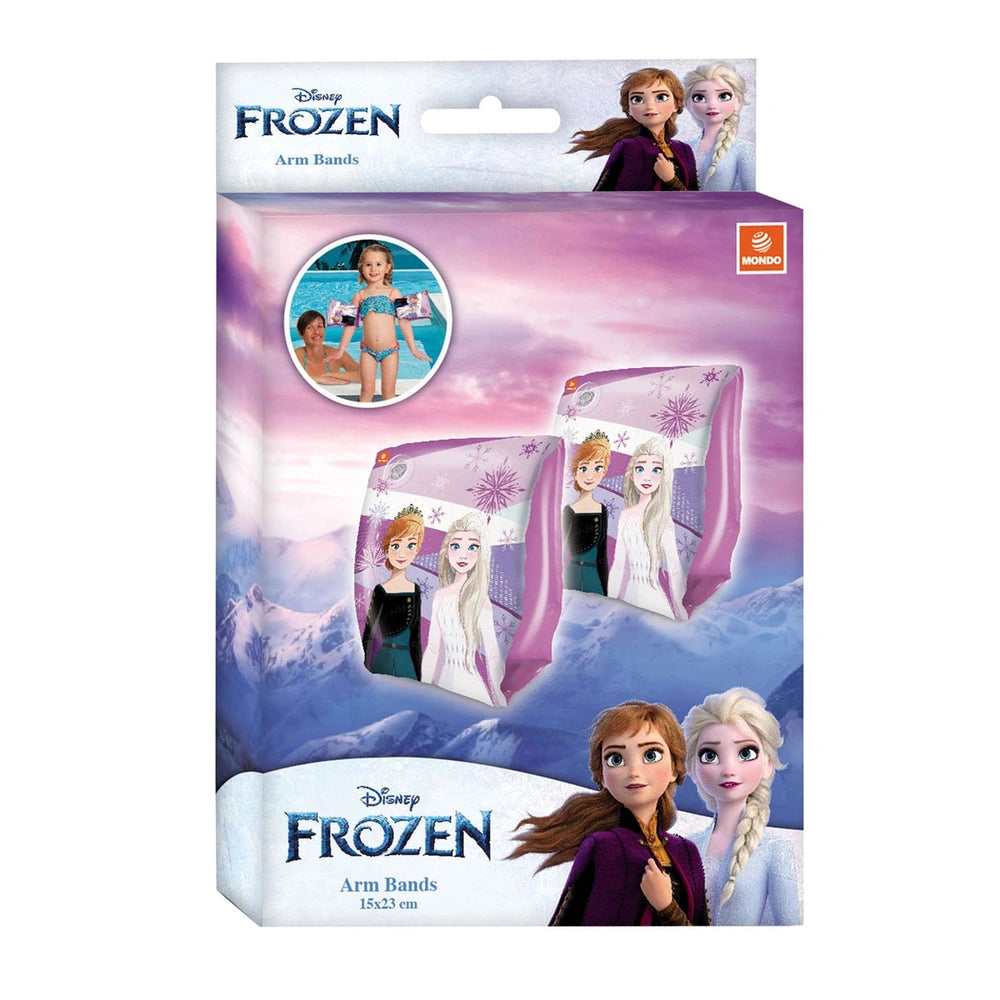 Mondo Disney Frozen inflatable arm bands in pink and purple packaging featuring animated characters and size details.