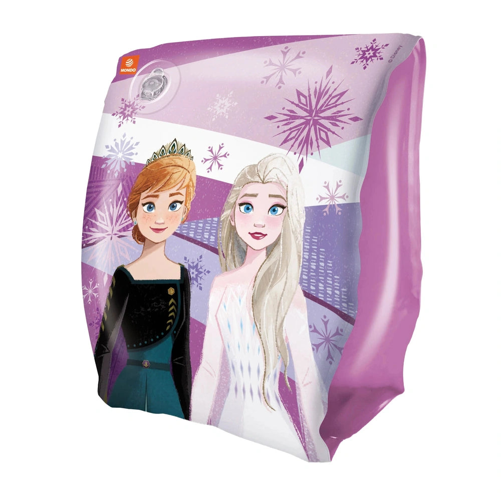 Mondo Disney Frozen inflatable arms packaging features two animated female characters with blonde and white hair on a purple-