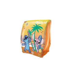Mondo Disney Stitch arm bands in orange packaging, featuring blue and pink characters with palm trees on a yellow background.