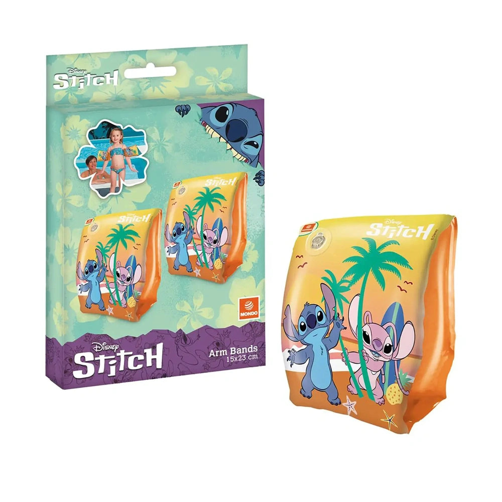 Mondo Disney Stitch Arm Bands packaging features glossy and matte surfaces with tropical designs and stickers of children in 