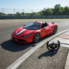 Mondo Ferrari 458 Speciale A radio-controlled car in glossy red on an asphalt race track with gravel nearby.