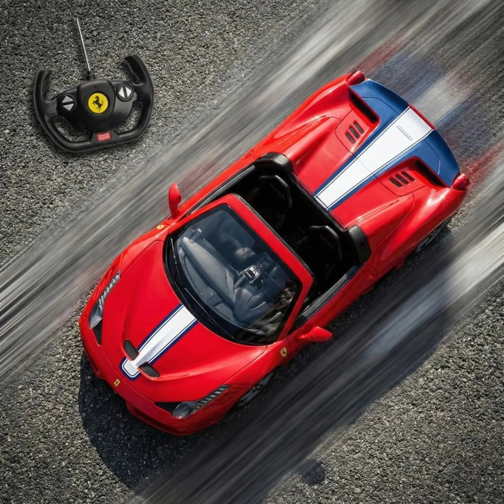 Mondo Ferrari 458 Speciale A radio-controlled car in red with white stripe, glossy finish, and visible yellow emblem.