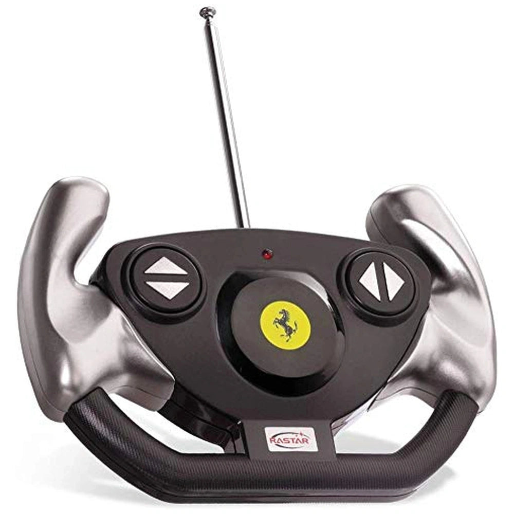Mondo Farrari 458 Speciale A radio-controlled vehicle features a glossy steering wheel cover with yellow logo and black butto