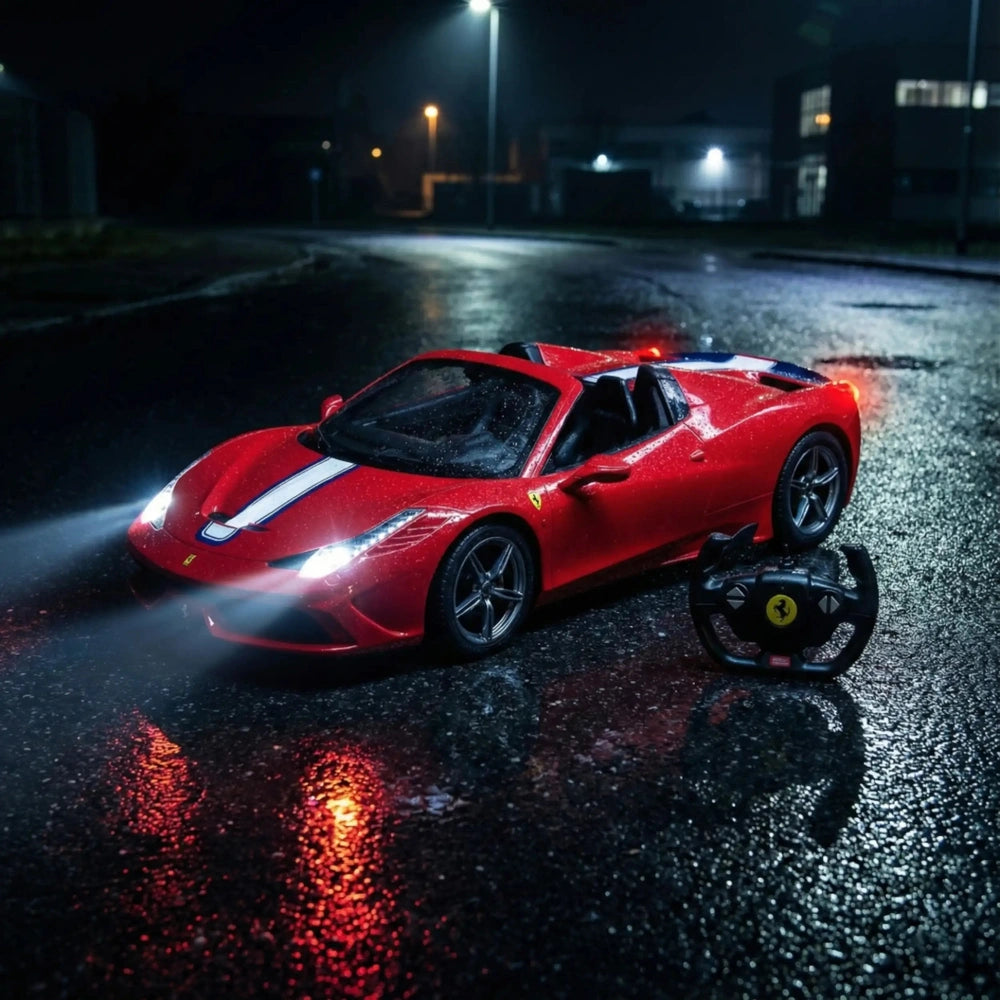 Red Mondo Ferrari 458 Speciale A radio-controlled car with lights parked on a wet street, showcasing its glossy finish.