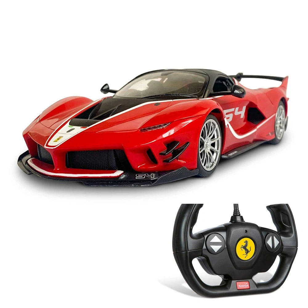 Mondo Ferrari FXX K EVO RC car in red with black roof, clear window, yellow emblem, and "54" on the side.