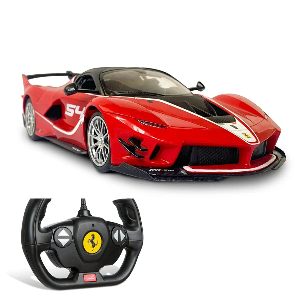 Mondo Ferrari FXX K EVO radio-controlled car in red and black with clear windows, featuring a yellow logo and detailed interi