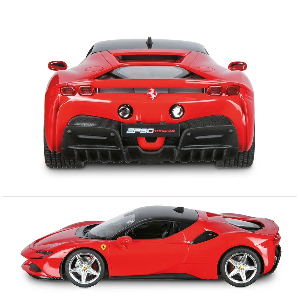 Mondo Ferrari SF 90 radio-controlled car in red with glossy finish, silver wheels, convertible top, and tinted windows.