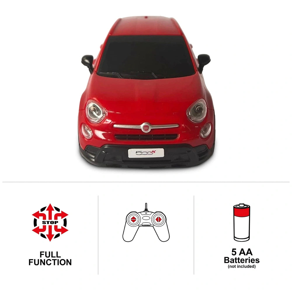 Mondo Fiat 500 X radio-controlled car in red with black bumper, clear window, and red and white battery pack, front view.