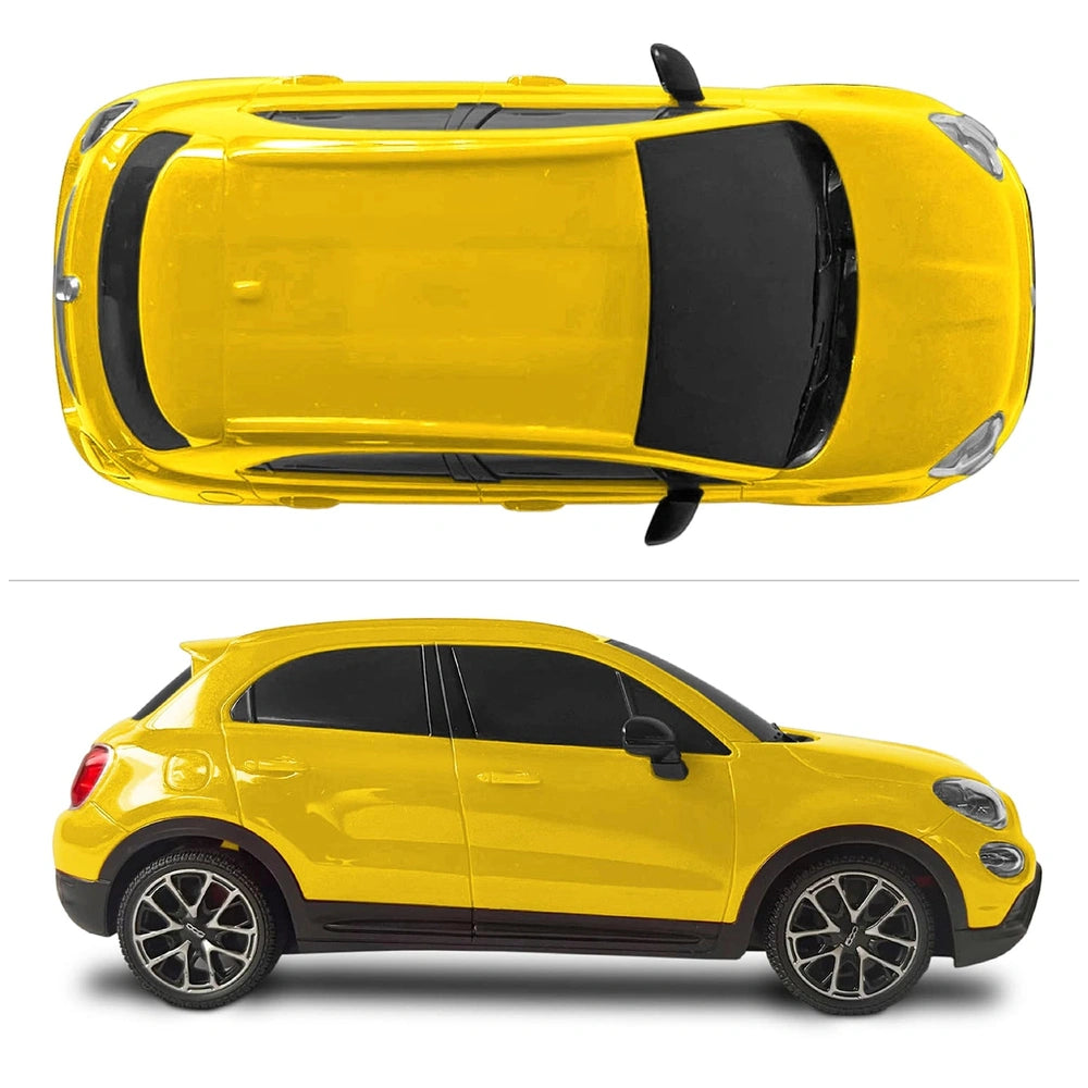 yellow Fiat 500 X radio-controlled car features a glossy finish, tinted windows, and black rims, showcasing intricate details